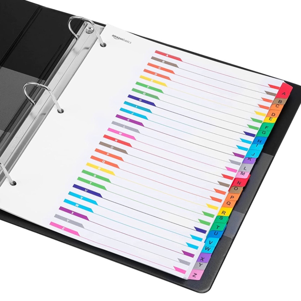 Amazon Basics A-Z Tab Dividers for 3 Ring Binder, 6 sets